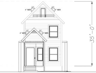 Architectural elevation of the front of a 2 story shotgun bungalow.