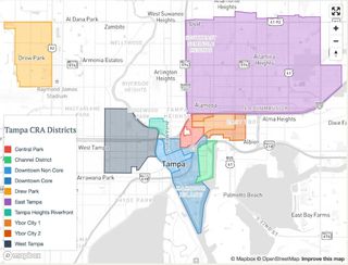 Map of CRA districts in the city of Tampa with each district a different color.