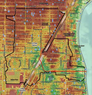 A heat map of flooding potential for a portion of Tampa in the el Prado outfall.