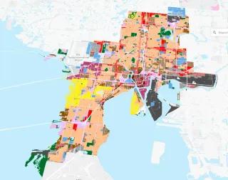 Map of the future land use for the city of Tampa zoomed out with surrounding county whited out.