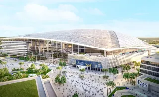 Artist rendering of proposed Rays baseball depicting a triangular shaped building with a clear geometric pattern on roof.
