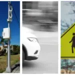 A series of 3 images vertical with with borders. First is a speed camera installed on a road, second is a black and white image of the front of a car and a blur on background to indicate motion, and a third is a yellow pedestrian crossing sign associated with schools.