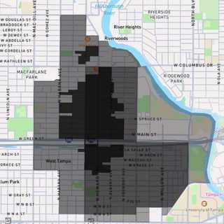 Map of Tampa generally west of river, north of Kennedy Blvd, east of Habana, south of Columbus. Districts are gray scaled.