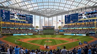Artist rendering of the proposed Rays ballpark interior from behind home plate: a packed crowd, a game in progress, and a glass-and-steel roof with a view of buildings beyond the outfield.