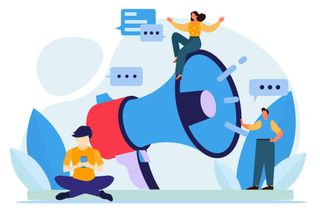 Illustration of giant bullhorn with woman sitting on top. Speech bubbles randomly surround the bullhorn. A man sits to the front left of the bullhorn on his phone while another stands in front of the opening.