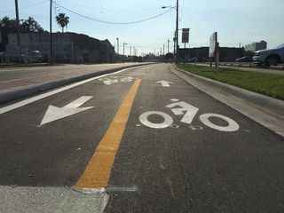 View of protected bike line from rider's perspective.