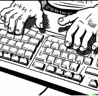 Line sketch of hands typing on keyboard.