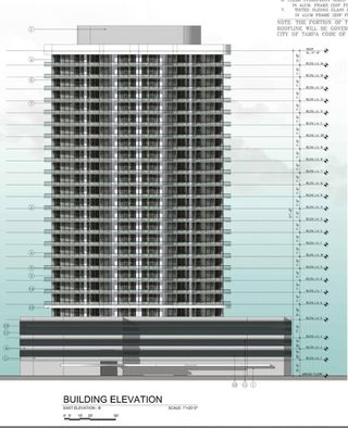 Architectural rendering of the site plan for 2713 Bayshore Blvd that was denied 2-8-23. Depicts 26 story building with 5 story garage in front the full width of property.