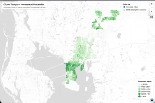 A map of the homestead properties in the city of Tampa. The properties are shades of green, light to dark for value.
