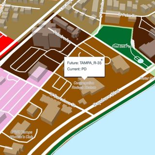 Map of the future land use designations around said property. Pop-up box over address shows current zoning is PD, Future is R-20.
