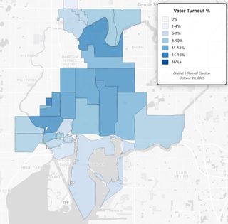 Map of district 5 Tampa showing turnout out in percentage as represented by shades of blue. Middle precincts and southeastern are darkest shades.