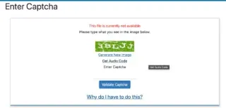 Screenshot of Captcha screen and error message "This file is currently not available.