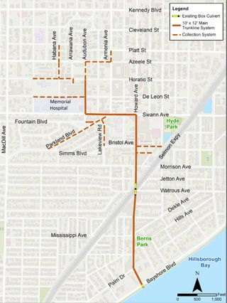 Map showing proposed route for replacing stormwater drains in South Tampa.