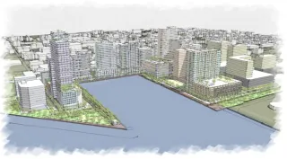 Illustrated architectural rendering of proposed Ybor Harbor development. The termination of the channel is depicted with walk ways and trees along the edges and multi-story buildings beyond.