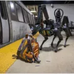 A four legged robotic device in a simulated scenario of investigating a backpack on a subway.