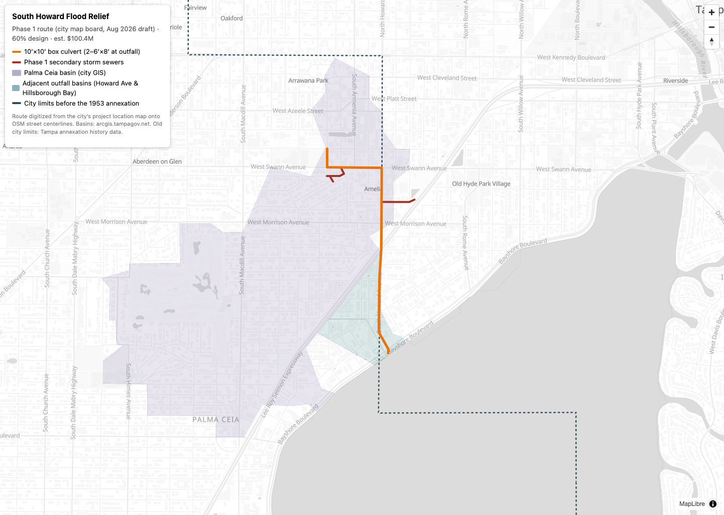 Map of the South Howard Flood Relief Phase 1 route down S Howard Avenue, over the Palma Ceia drainage basin and Tampa's pre-1953 city limit