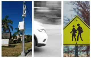A series of 3 images vertical with with borders. First is a speed camera installed on a road, second is a black and white image of the front of a car and a blur on background to indicate motion, and a third is a yellow pedestrian crossing sign associated with schools.