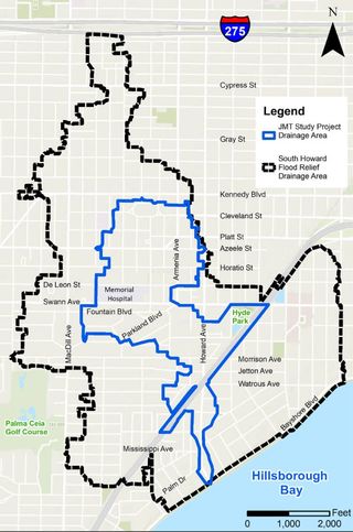 Map of South Tampa showing outlines of broader part of city included in current study and narrower JMP study in the center of the map.