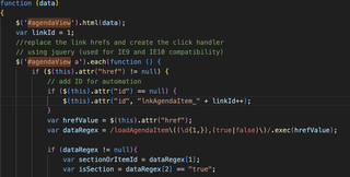 screenshot of source code from agenda site showing support for IE 9 and 10.