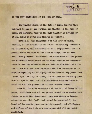 A digital image of the 1927 Charter Board re-establishing a mayor/council government. Yellowed paper with typed text.