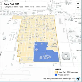 A map of Drew Park CRA district with Rays stadium development highlighted.